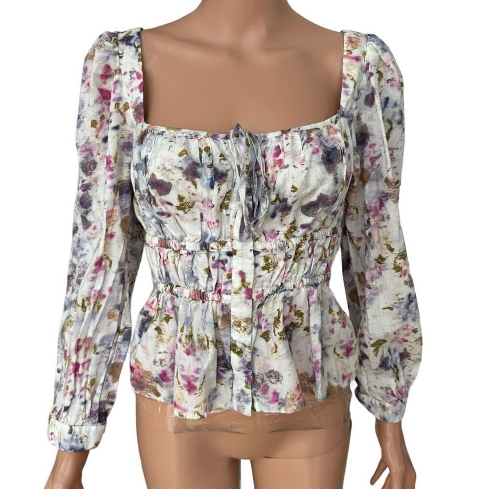 J. Crew Flora Obscura X cinched-waist top in kaleidoscope floral cotton size 8 - Picture 2 of 8